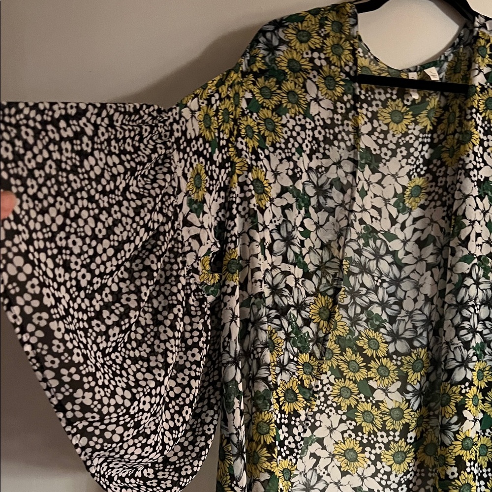 Chic Floral Women's Blouse in Black, White, and Yellow.  Lovely overlay coverup